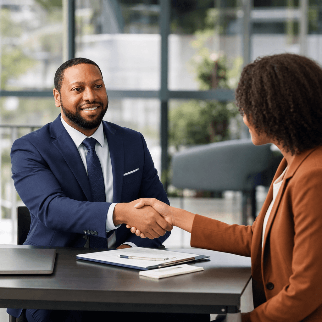 Naphtali smiling and shaking hands with a client after a successful consultation
